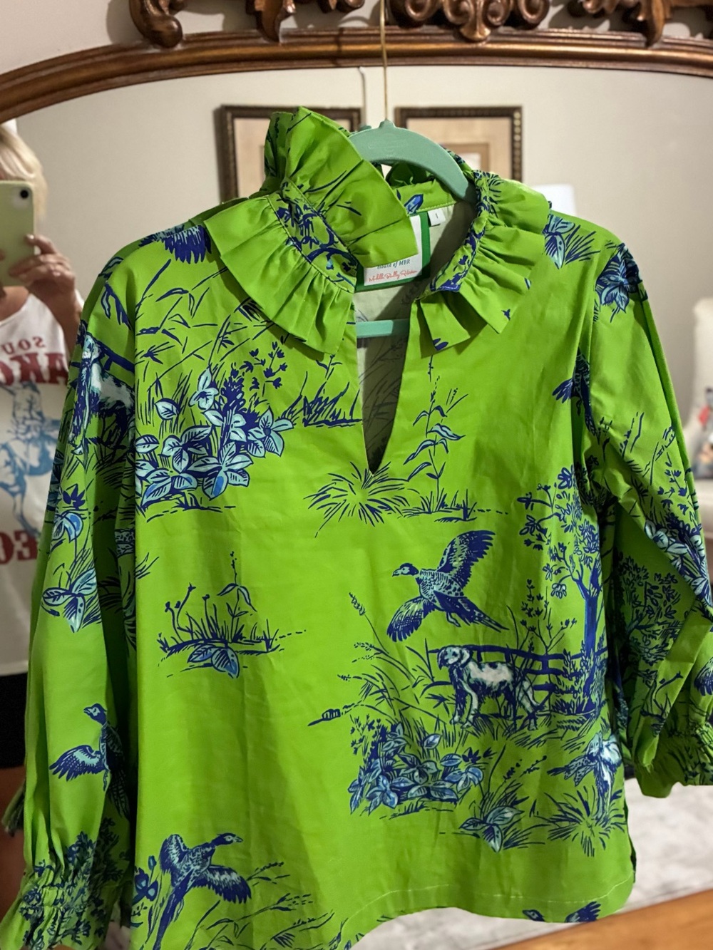 House of mbr ladies Blouse with Blue Nature Print and Ruffle Collar
